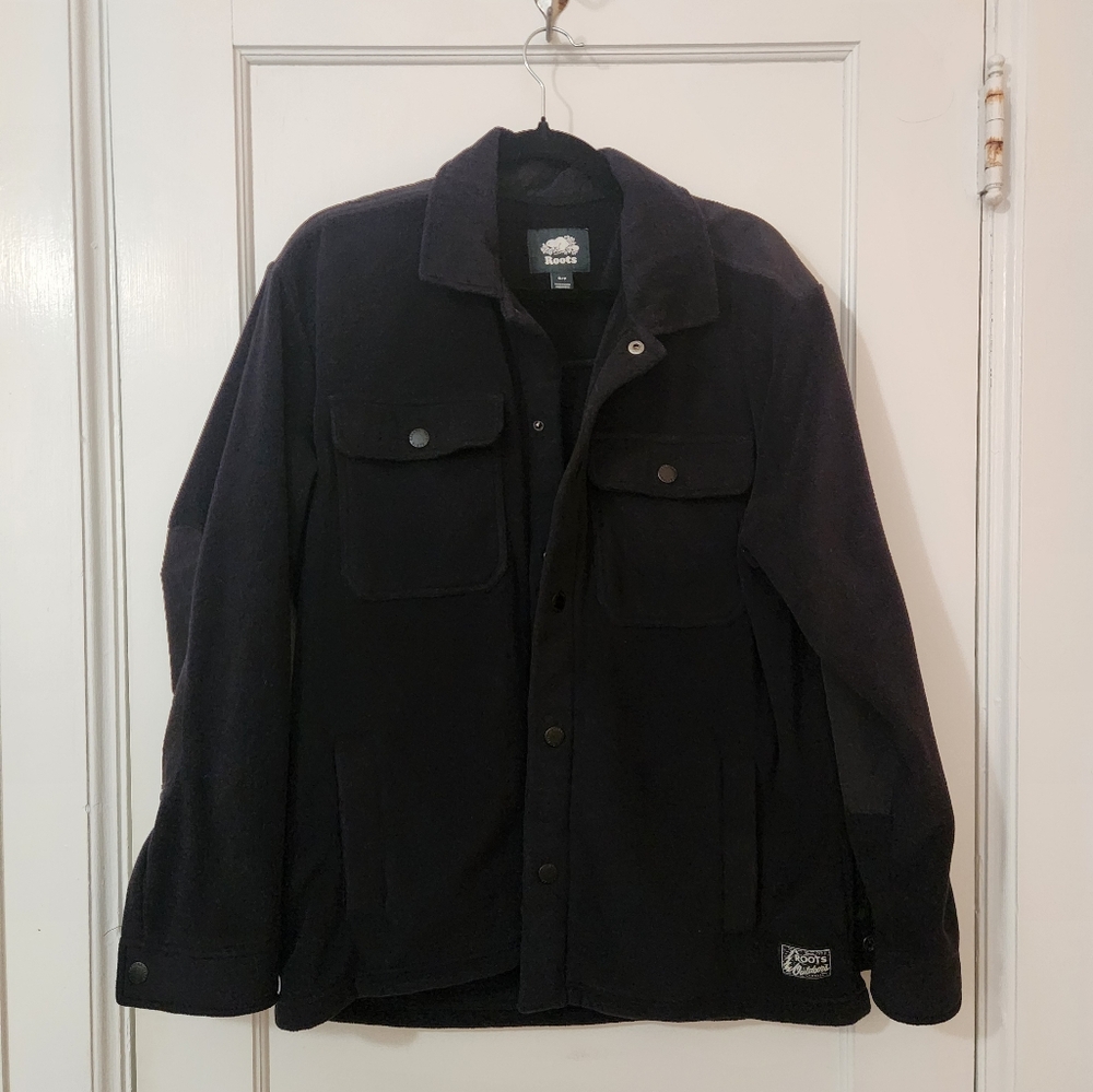 Roots Canada Mens Fleece Jacket Overshirt Size Medium Black Polartec
